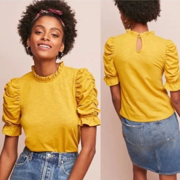 Anthropologie Moon River Puff Sleeve Knit Top Mustard Gold Size Small NWT - Picture 1 of 7